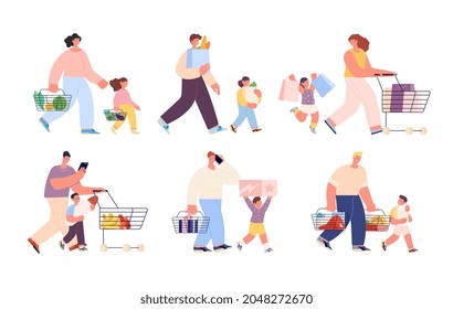 Shopping family. Isolated people buy food, shop or market customers. Parents with children holding bags, weekend shoppers utter vector characters