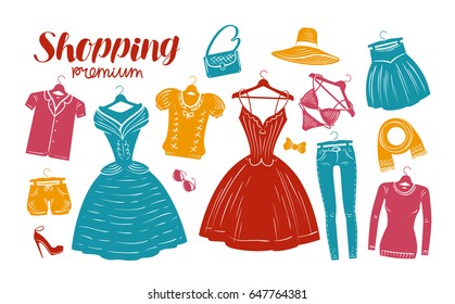 Shopping, fashion, clothes shop, boutique banner. Clothing silhouettes. Vector illustration