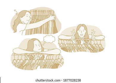 Shopping, fashion, customer concept. Young positive woman cartoon character hugging hangers with clothes and choosing during shopping in boutique or trade centre. Style, sales, shopaholic illustration