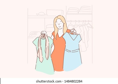 Shopping, fashion, dress, clothes concept. A young girl chooses, measures, sells or buys fashion dresses at a clothing store or home. Simple flat vector.