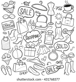 Shopping Fashion Girl Day Doodle Icons Hand Made Vector Illustration Line Art.