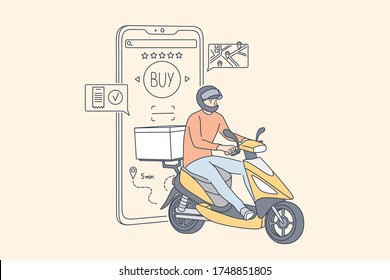 Shopping, fast delivery, digital marketing, quarantine coronavirus concept. Man boy supplier cartoon character goes to order in scooter. Application purchases using smartphone on lockdown illustration