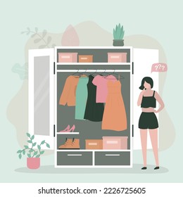 Shopping female character choosing clothes. Fashion woman standing near wardrobe, organizing space for clothing. Shelves with apparel and outfit, accessories and boots. Flat vector illustration