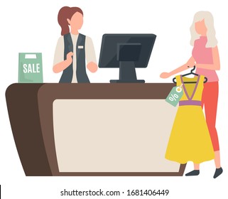 Shopping female character with clothes vector, counter with cashier. Dress hanging on hanger, fashionable clothing buying and playing for stuff flat style