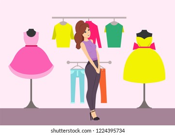 Shopping female looking at dresses in clothes store vector. Woman admiring robe placed on mannequin showcase attraction of clients. Pans and sweaters