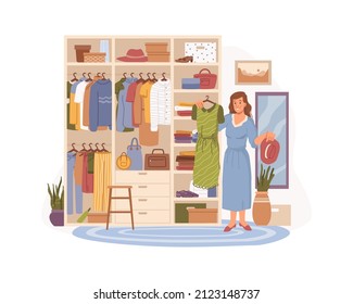 Shopping female personage choosing dress. Vector woman in cloakroom or wardrobe organizing space for clothing. Shelves with apparel and outfit, accessories and hats, purses flat cartoon character