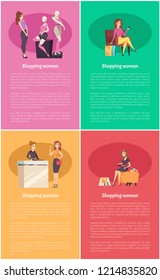Shopping females in shops posters with text sample set vector. Woman looking at mannequins with clothes, lady relaxing on armchair. Jewelry store