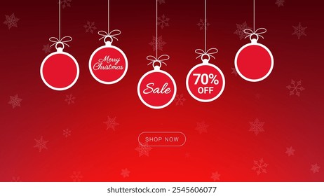 Shopping festival banner with Red Merry Christmas Balls 70% off sale Flat design with snowflakes background, red gradient background for End of year Sale campaign, special offers Christmas Sale