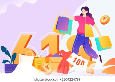 Shopping festival, girls are shopping for goods, background with malls and goods, vector illustration