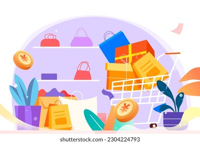 Shopping festival, girls are shopping for goods, background with malls and goods, vector illustration