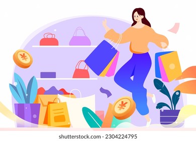 Shopping festival, girls are shopping for goods, background with malls and goods, vector illustration