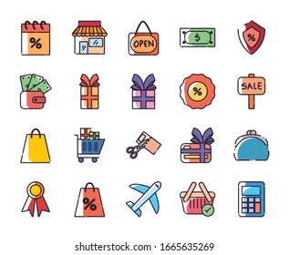 Shopping fill style icon set design of Commerce market store shop retail buy paying banking and consumerism theme Vector illustration