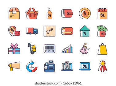 Shopping fill style icon set design of Commerce market store shop retail buy paying banking and consumerism theme Vector illustration