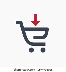 Icono minimalista de vectores de línea de carro lleno de compras. Símbolo de comercio. Icono de flecha abajo del carro del supermercado para el diseño web. Icono moderno de venta plana para el diseño de aplicaciones. Almacenar los iconos lineales planos mínimos