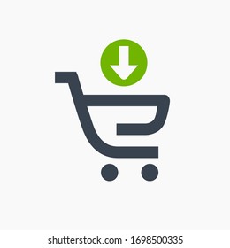 Shopping filled cart line vector minimalistic icon. Commerce symbol. Supermarket cart down arrow icon for web design. Modern flat sale icon for app design. Store buy sign minimal flat linear icons