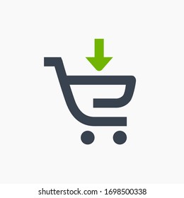 Shopping filled cart line vector minimalistic icon. Commerce symbol. Supermarket cart down arrow icon for web design. Modern flat sale icon for app design. Store buy sign minimal flat linear icons