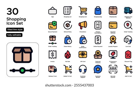 Shopping Filled Line Icon Set: Purchases, Retail Experiences, and Consumer Goods Icons