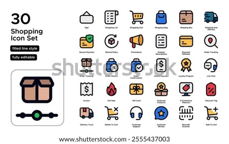 Shopping Filled Line Icon Set: Purchases, Retail Experiences, and Consumer Goods Icons