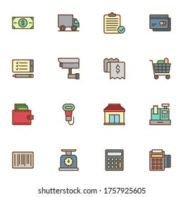 Shopping filled outline icons set, line vector symbol collection, linear colorful pictogram pack. Signs, logo illustration, Set includes icons as cash money payment, credit card, shop store market