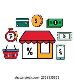 Shopping and finance icons around storefront, Vector
