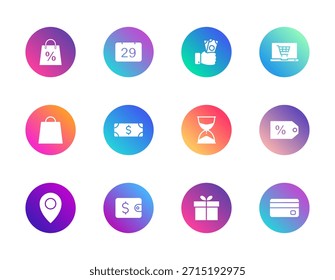 Compras, finanzas, tiempo. Conjunto de Vectores de 12 iconos de gradiente redondo con bolsos, dinero en efectivo, tarjeta y calendario para venta minorista, comercio electrónico y diseño de interfaz de usuario de presupuesto personal.