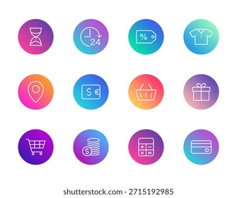 Compras, finanzas, tiempo. Conjunto de Vectores de 12 iconos de gradiente redondo con billetera, Carrito, reloj y calculadora para comercio electrónico, presupuesto y diseño de interfaz de usuario minorista.