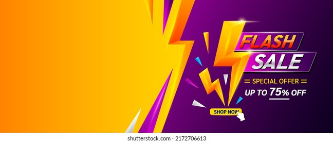 Shopping flash sale banner luxury with yellow thunder sign. Special deal offer sale 75% Off campaign or promotion. Template design for social media with blank product scene. Vector EPS10.