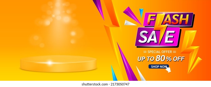 Shopping flash sale banner luxury with yellow thunder sign. Special deal offer sale 80% Off campaign or promotion. Template design for social media with blank product scene. Vector EPS10.