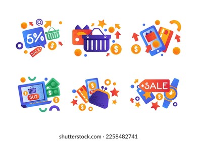 Shopping Flat and Colorful Icon with Basket, Sale Tag, Smartphone, Purse and Laptop Vector Set
