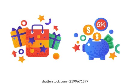 Shopping Flat and Colorful Icon with Package Bag and Piggy Bank Vector Set