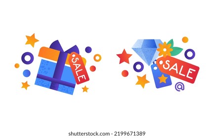 Shopping Flat and Colorful Icon with Sale Tag and Gift Box Vector Set