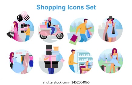 Shopping flat concept icons set. Buyer making purchases stickers, cliparts pack. Shopaholics, customers buying gifts, clothes. Shoppers, customers at supermarket, mall. Isolated cartoon illustrations