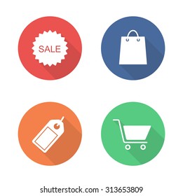 Shopping flat design icons set. Retail market long shadow circle symbols. Web shop white banners. Online store badges. Supermarket and commerce infographic elements. Grocery vector pictograms