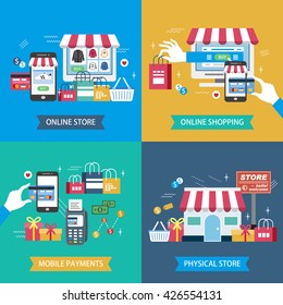 shopping flat design illustration - physical store. online store. mobile payments and online shopping