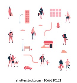 Shopping - flat design style set of isolated elements on white background. Cartoon characters with their packages, trolley, baskets full of products. A collection of buildings, road, lantern, trees