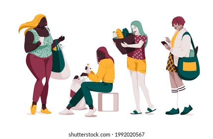 Shopping - flat design style set of isolated characters on white background. Cartoon women and men standing and walking with their packages, baskets and bags full of products