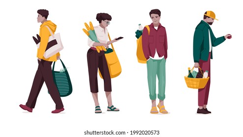 Shopping - flat design style set of isolated characters on white background. Cartoon women and men standing and walking with their packages, baskets and bags full of products