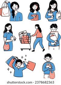 Compras - diseño plano conjunto de caracteres aislados sobre fondo blanco. Caricatura de mujeres, hombres de pie con sus paquetes, carrito, cestas llenas de productos