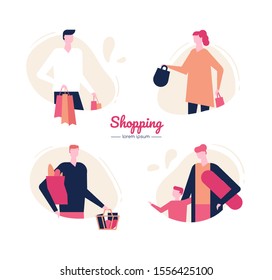 Shopping - flat design style vector characters set. Shopper buying goods, consumer choosing products in store, customer with purchases illustrations. Buyer with bags. Consumerism, merchandise