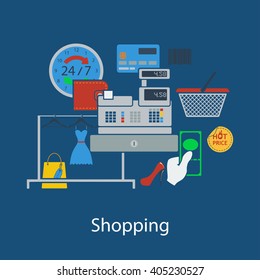 Shopping flat design in UI colors. Vector illustration.