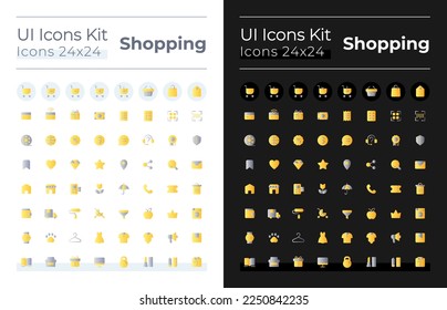 Shopping flat gradient color ui icons set for dark, light mode. Digital commerce. Online store. Vector isolated RGB pictograms. GUI, UX design for web, mobile. Montserrat Bold, Light fonts used