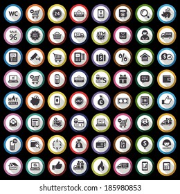 Shopping flat gray icons set on black background