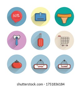 shopping flat icon set with long shadow, 50% discounts.shopping card, wallet, purse, closed, open