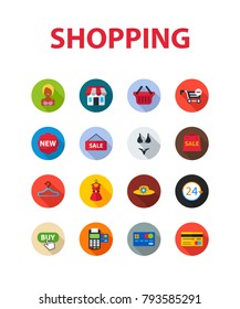 Shopping flat icon set. Vector illustration. Element template for design.