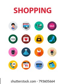 Shopping flat icon set. Vector illustration. Element template for design.