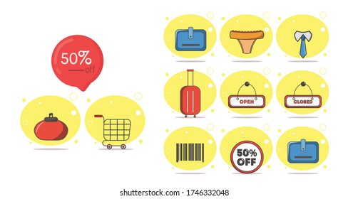 shopping flat icon set with, 50% discounts.shopping card, wallet, purse, closed, open