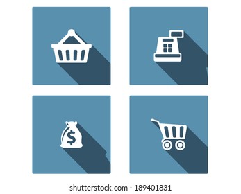 Iconos planos de compras con sombra larga