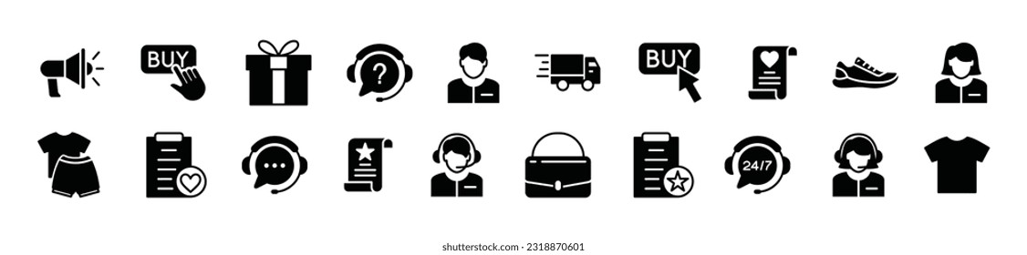 Shopping flat icons set. Online shopping, e-commerce, promotion, gift, click buy, delivery, clothes, bag accesories, assistance, support icon collection for apps and websites. Vector illustration