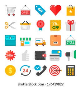 Shopping Flat icons vector collection with of e-commerce and retail design objects, business, marketing element. Isolated on white background.