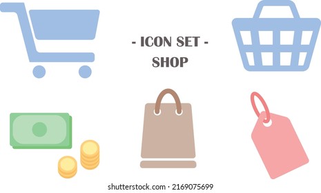 Comprando iconos planos. Vector. Conjunto de iconos. Iconos de color Pastel. Carrito de compras, etiqueta, dinero, cuenta, efectivo, moneda, bolso de compras, carro. Compras en línea. Aislado. Señales, símbolos.